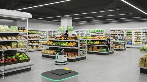 Modern supermarket interior showcasing robotic assistants among fresh produce and groceries