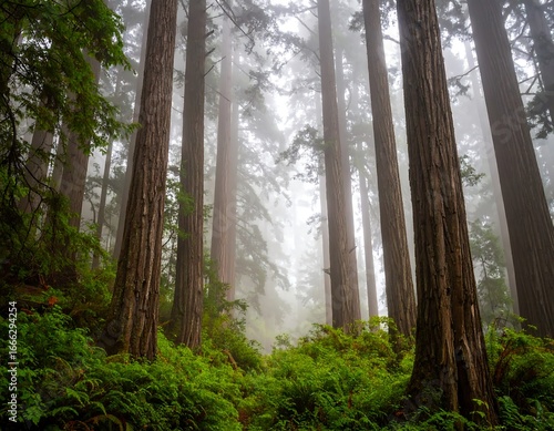 Majestic Redwood forest bathed in fog