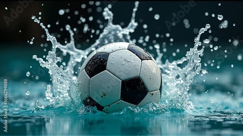 A soccer ball splashing into water creating a dramatic and dynamic water splash effect in a pool