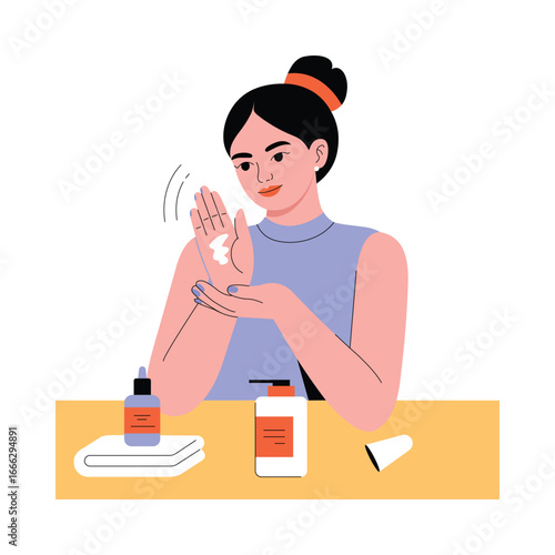 Rubbing Hand Cream Onto Fingers Flat Illustration. EPS 10 file 