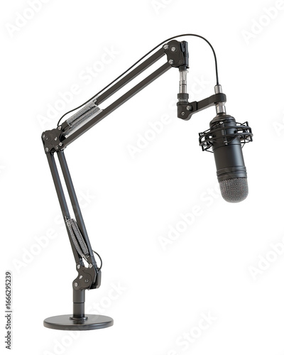 Studio microphone boom arm assembly.  Dark gray metal, adjustable, flexible arm.  Large microphone capsule.  Solid base