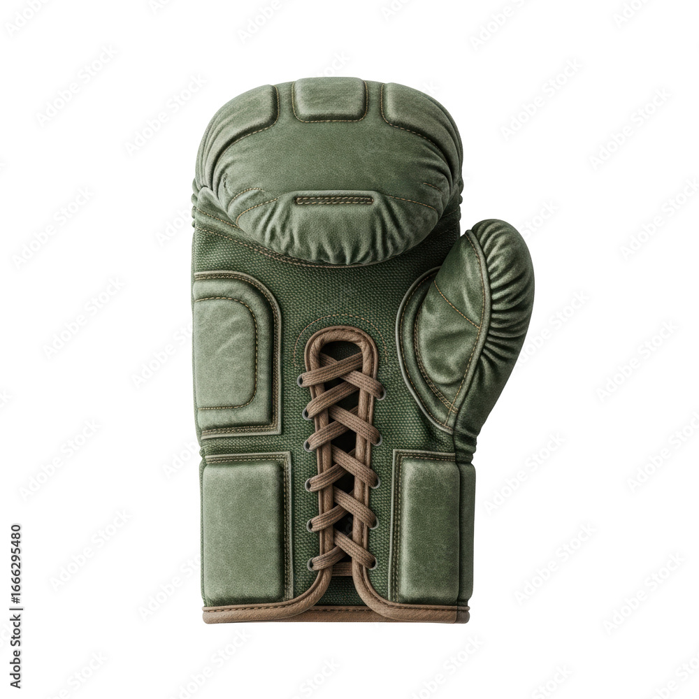 Naklejka premium Weathered deep forest green sparring glove of aged canvas with reinforced leather, hand-stitched seams, lying flat, palm up, isolated on transparent, concept of historical resilience in product
