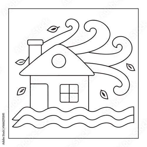 A house enduring a storm with strong winds and flooding water in a line drawing home dwelling