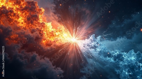 A cosmic collision of fire and ice creating a bright explosion in a nebula filled sky art