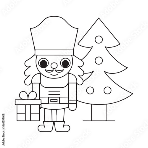 A simple outline drawing of a nutcracker soldier holding a gift next to a Christmas tree holiday