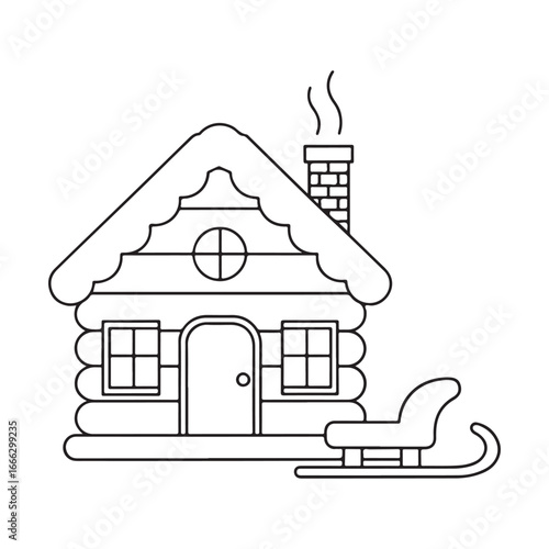 Cozy outline drawing of a snow-covered log cabin with a smoking chimney and a sled outside house