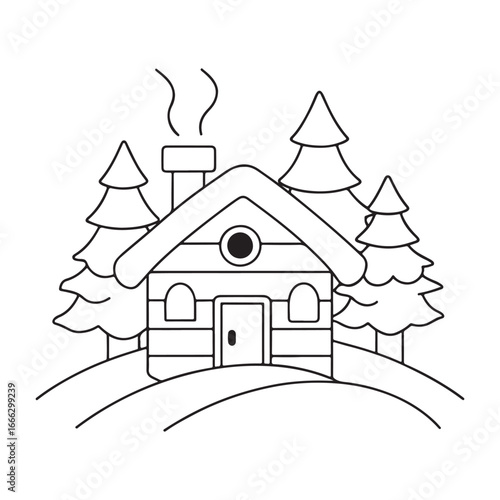 Cozy log cabin with smoking chimney surrounded by snow-covered pine trees on a hill house home
