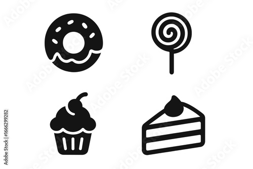 Bakery and sweets solid icon set. Donut, lollipop, cupcake, and cake slice glyphs. Vector collection for confectionery, pastry, dessert, and sweet food concepts.