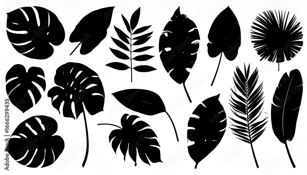 Fototapeta premium Tropical Black Silhouettes Monstera, Palm, and Exotic Leaves