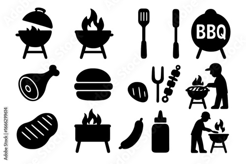 Barbecue silhouette icon set. Grilling food and cooking equipment collection. BBQ party concept with grill, steak, burger, and tools. Vector outdoor picnic illustration.