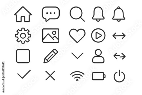 Basic line icon set for web and mobile. Simple minimalist icons for everyday use. Vector UI UX symbols for app interface design. Includes home, chat, search, settings, heart.