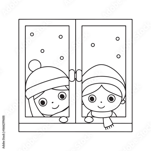 Two cute cartoon children peeking out of a snowy window with snowflakes falling outside in line art