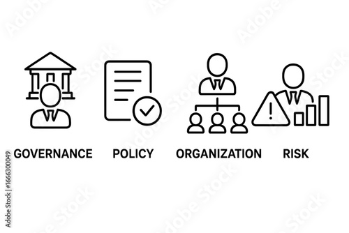 Business risk management outline icon set. Governance, policy, corporate organization, and financial risk symbols. Vector icons for compliance, regulation, and strategy concepts.