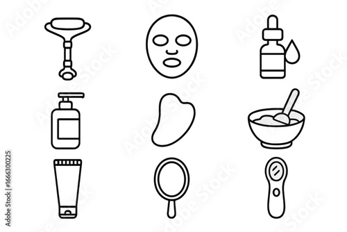 Beauty and skincare line icon set. Self-care routine tools collection. Face mask, serum, jade roller, gua sha, cosmetics outline icons for dermatology. Facial treatment symbols.