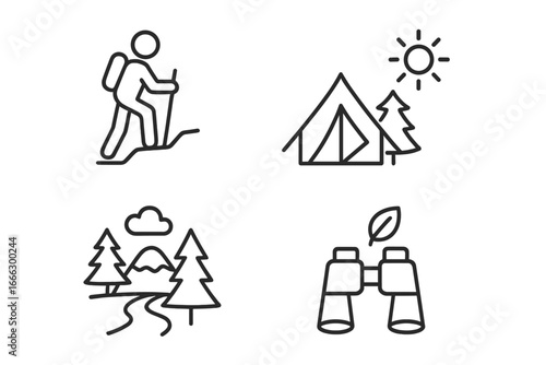 Camping and outdoors icons set. Vector line symbols for hiking, adventure, and nature exploration. Hiker, tent, mountain forest, and binoculars for travel concept. Outline.
