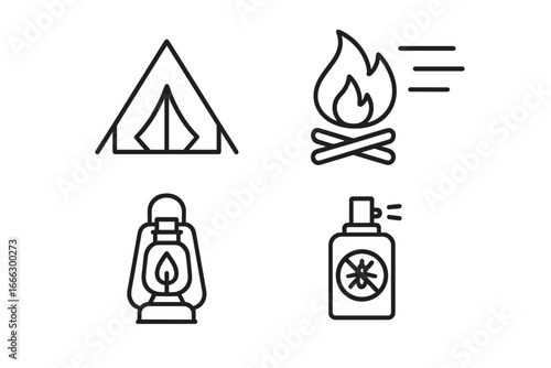 Camping and survival outline icon set. Vector symbols for hiking, adventure, and outdoor recreation. Includes tent, windproof campfire, lantern, and bug repellent spray.