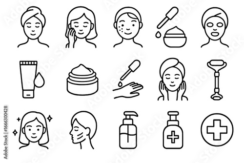 Beauty and skin care outline icon set. Facial treatment, cosmetic products, dermatology, and spa routine collection. Icons for cream, serum, face mask, and roller.