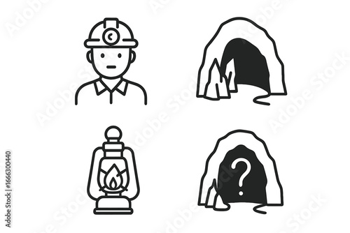 Cave adventure line icons set. Spelunking and exploration vector symbols. Graphics collection includes caver with helmet, lantern, and mystery underground cave entrance.