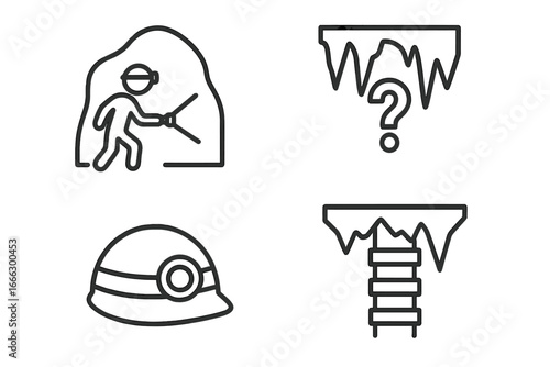 Cave adventure line icon set. Spelunking and caving exploration concept. Vector graphic of caver, helmet, mystery entrance, underground ladder. Minimal outline symbols.