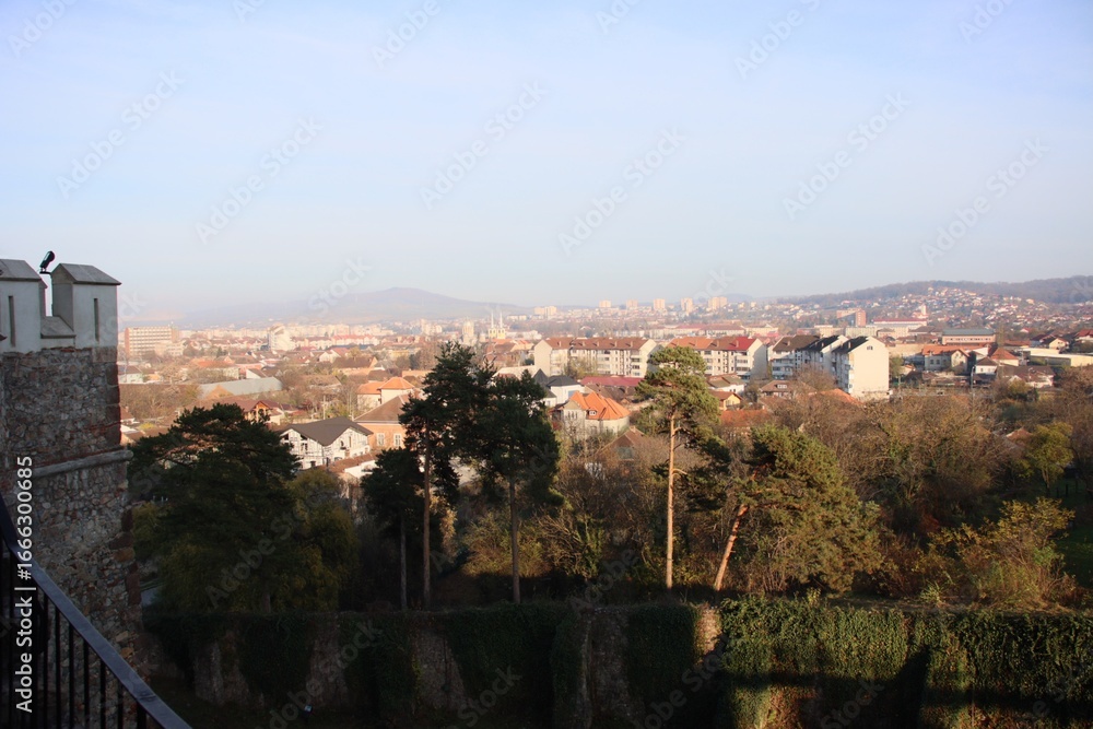 Fototapeta premium View from Corvin Castle over Hunedoara, Romania. Modern cityscape with houses, trees, and distant hills contrasts with medieval fortress walls in the foreground.
