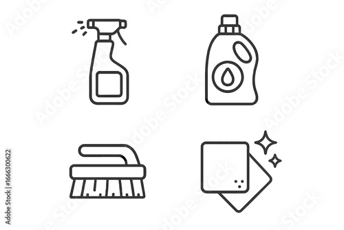 Cleaning products line icons set. Vector outline symbols for hygiene, sanitation, and housework. Features spray bottle, laundry detergent, scrub brush, and cleaning wipe.