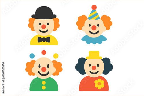 Clown flat icons set of 4. Funny circus entertainment characters with happy faces. Vector illustration of cartoon avatars for kids party, carnival, or festival design.