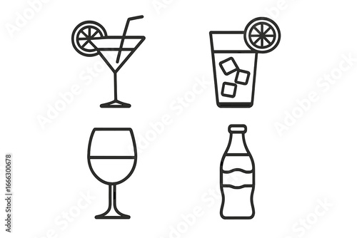 Cocktail and beverage outline icons set. Bar menu linear symbols collection. Vector drink graphics including martini, juice with ice, wine glass, and soda bottle for design.