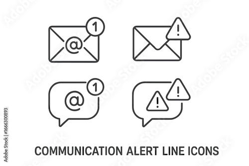 Communication alert line icons set. New email and chat message notification. Spam, error, and warning signs. Outline vector symbols for app and web user interface.