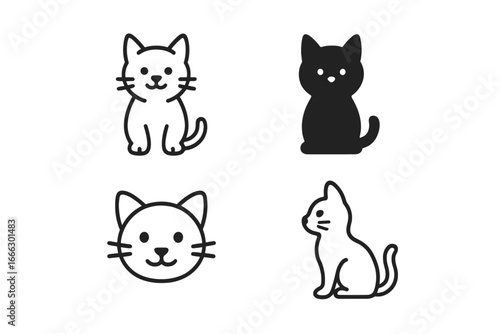 Cute cat icon set. Feline pet animal symbol collection. Simple minimal kitty character logo. Vector graphic design elements. Line, outline, and silhouette illustrations.