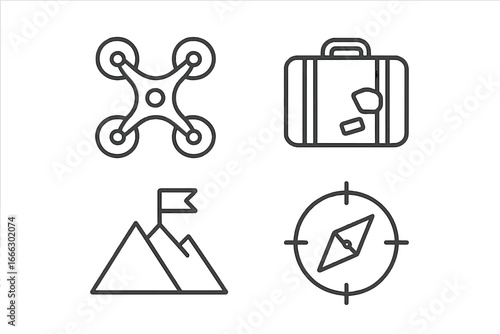 Travel and adventure outline icon set with drone, compass, and mountain peak. Vector line symbols for navigation, journey, exploration, and tourism. Luggage for vacation.