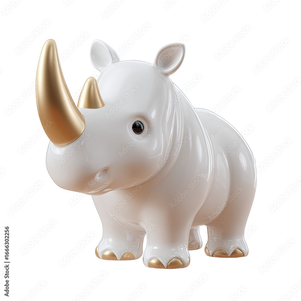 Fototapeta premium Ceramic white rhino statue with golden horn, shiny, cute design, on black background