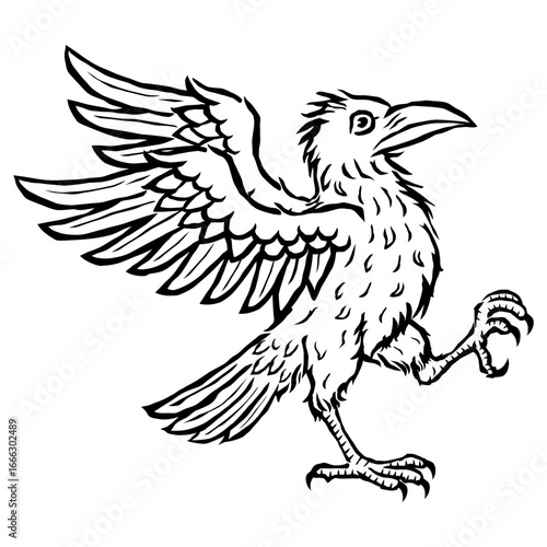Hand drawn engraving style raven vector illustration. Vintage medieval crow or rook with spread wings, heraldic gothic bird design for tattoo, logo, coat of arms, fantasy art, or decorative print.