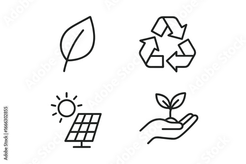 Eco-friendly line icons set. Sustainability and nature conservation symbols. Outline vector graphics for recycling, renewable energy, solar power, and plant growth concept.