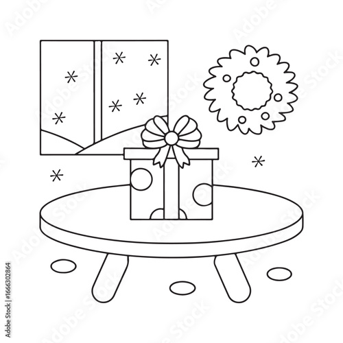 Christmas gift on a table with a snowy window and wreath present