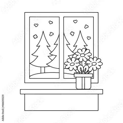 Winter scene through a window with a potted flower on the sill pane glass