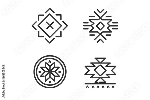 Ethnic pattern outline icons set. Tribal line geometric decorative symbols. Aztec native ornament collection. Abstract folk art logo elements. Vector graphic design motifs.