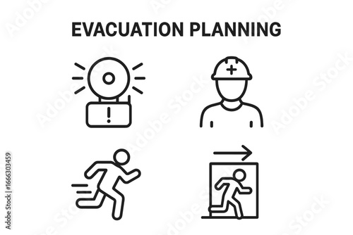 Evacuation planning outline icons. Emergency safety exit strategy symbols. Fire alarm alert, escape route, and first aid worker. Vector line art for safety procedure signs.