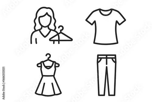 Fashion and clothing outline icons set. Vector symbols for style, apparel, and shopping. Includes personal stylist, t-shirt, dress, and pants. Modern linear design.