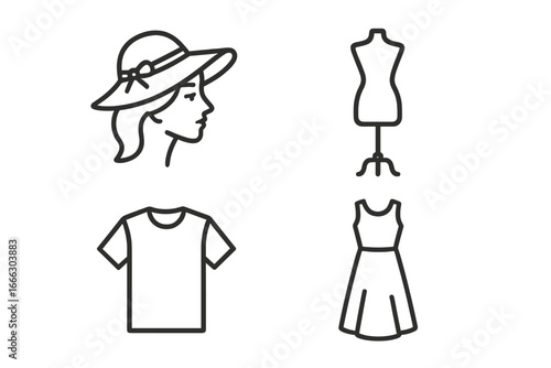 Fashion design outline icons collection. Woman profile in summer hat, dressmaker mannequin, basic t-shirt, A-line dress. Clothing, style, apparel symbols for boutique, tailor, sewing.