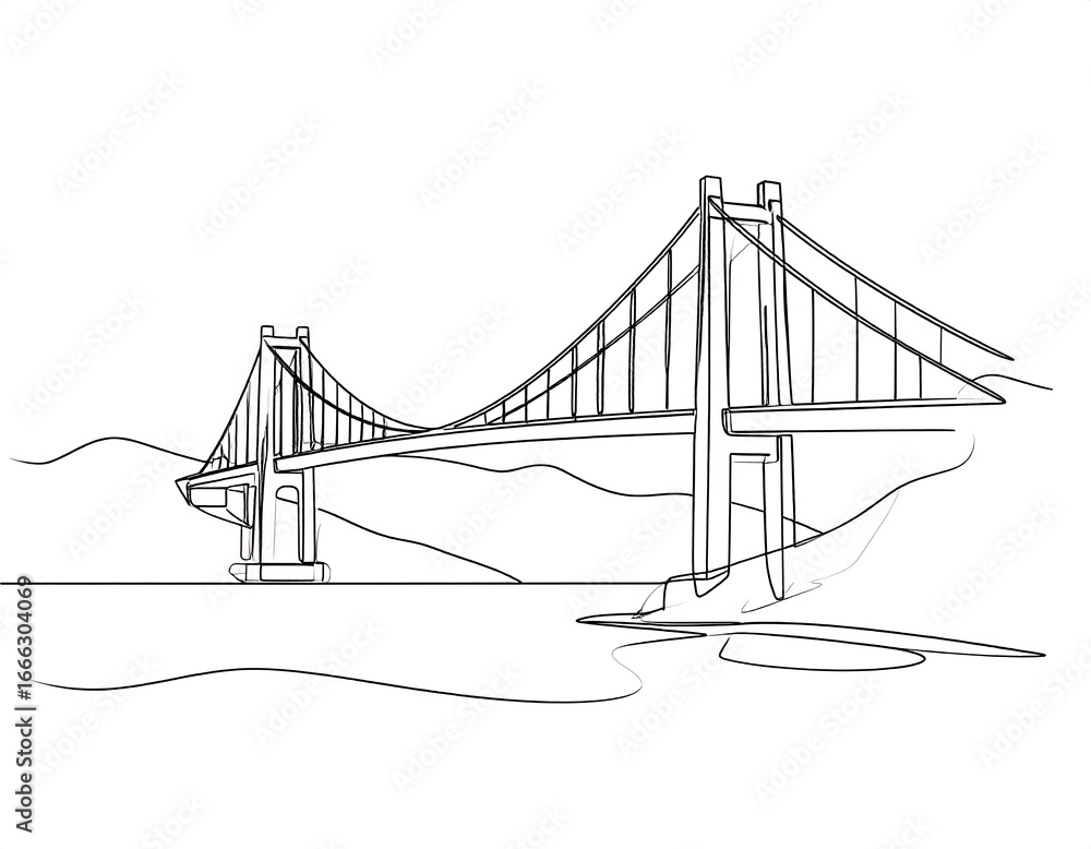 Fototapeta premium One-line drawing of a bridge over water with mountains in the background