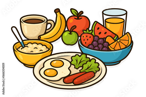 Healthy breakfast food set. Vector cartoon icons. Complete morning meal with fried eggs, sausage, oatmeal, fruit bowl, coffee, juice. Balanced diet and nutrition concept.