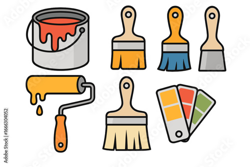 Painting tools vector icon set for home renovation and decoration. DIY repair concept with paint can, roller, brush, and color swatch palette. House improvement graphic.