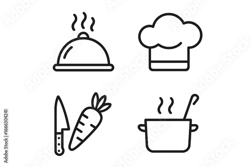 Food and cooking outline icons set. Linear vector illustrations for kitchen, restaurant, and culinary design. Chef hat, cloche, cooking pot, knife, and carrot symbols.