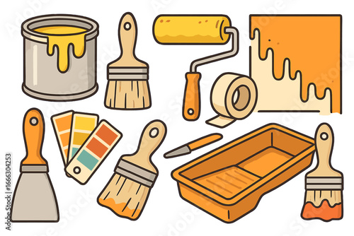 Painting tools vector icon set. Home improvement, repair and renovation concept. DIY collection with paint can, roller, brush, putty knife, tape and color palette guide.