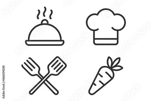 Food and cooking outline icons set. Linear cuisine and culinary elements. Vector illustration for restaurant menu design. Chef hat, hot dish, kitchen utensils and carrot.