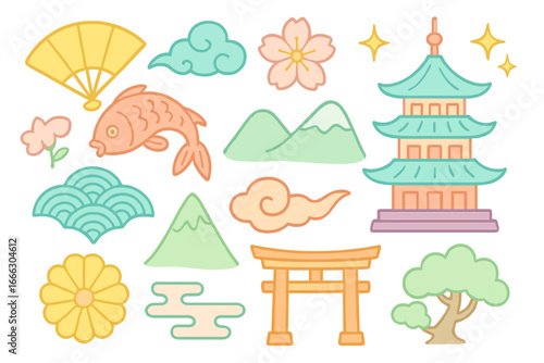 Set of Japanese cultural icons. Japan travel symbols in pastel colors. Vector collection with pagoda, torii gate, koi fish, sakura blossom, fan, fuji mountain, and clouds.