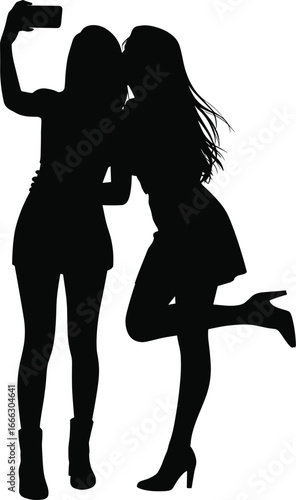 Silhouette of two young women friends taking selfie together, stylish girls posing, friendship concept, smartphone photography, fun social media moment