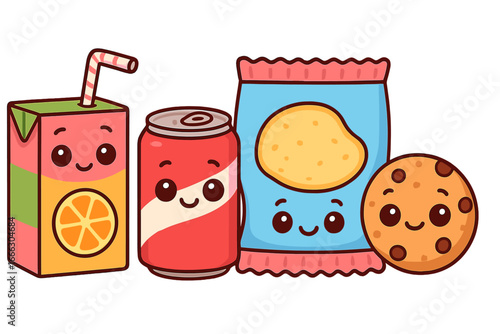 A set of cute kawaii junk food and drink characters. Cheerful cartoon mascots: soda can, juice box, potato chips, cookie. Vector illustration for kids party or lunch menu.