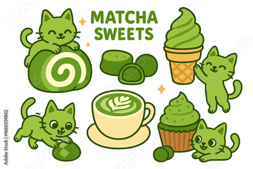 Cute matcha green tea sweets and cats. Kawaii kitten character with desserts. Vector set with cake, mochi, ice cream, cupcake, latte. Cartoon food illustration for sticker.