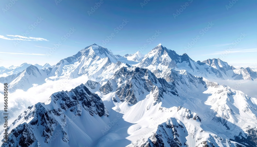 Obraz premium Majestic Mountainscape: A breathtaking aerial view of towering, snow-capped peaks under a clear, blue sky, portraying the awe-inspiring grandeur of nature's artistry.
